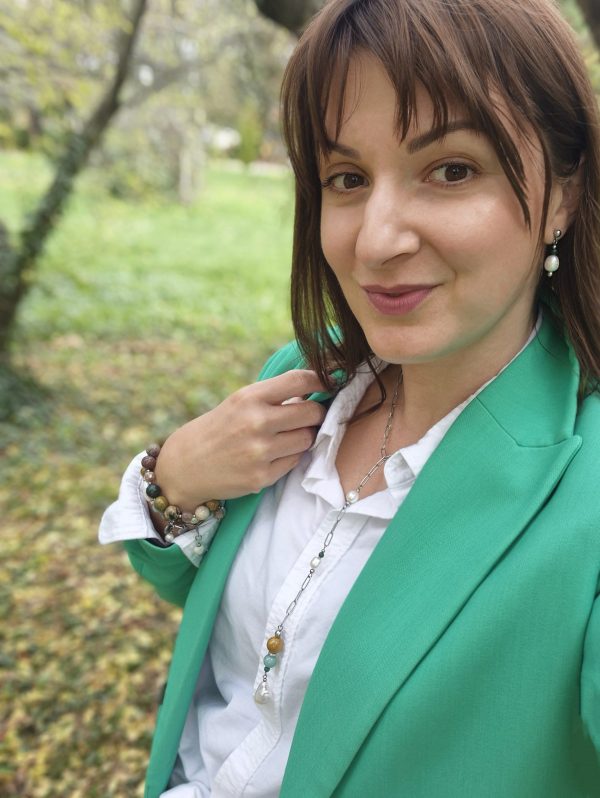 Gyöngy fülbevaló apró malachittal - Image 8